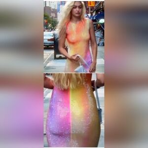 Self-Portrait Rainbow Hotfix Rhinestone Mesh Midi Dress